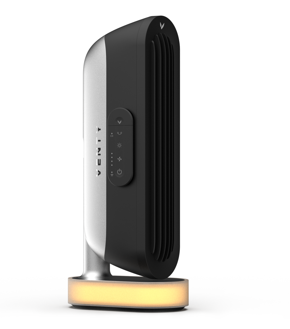 A black tower fan with a digital control panel, standing on a circular base.